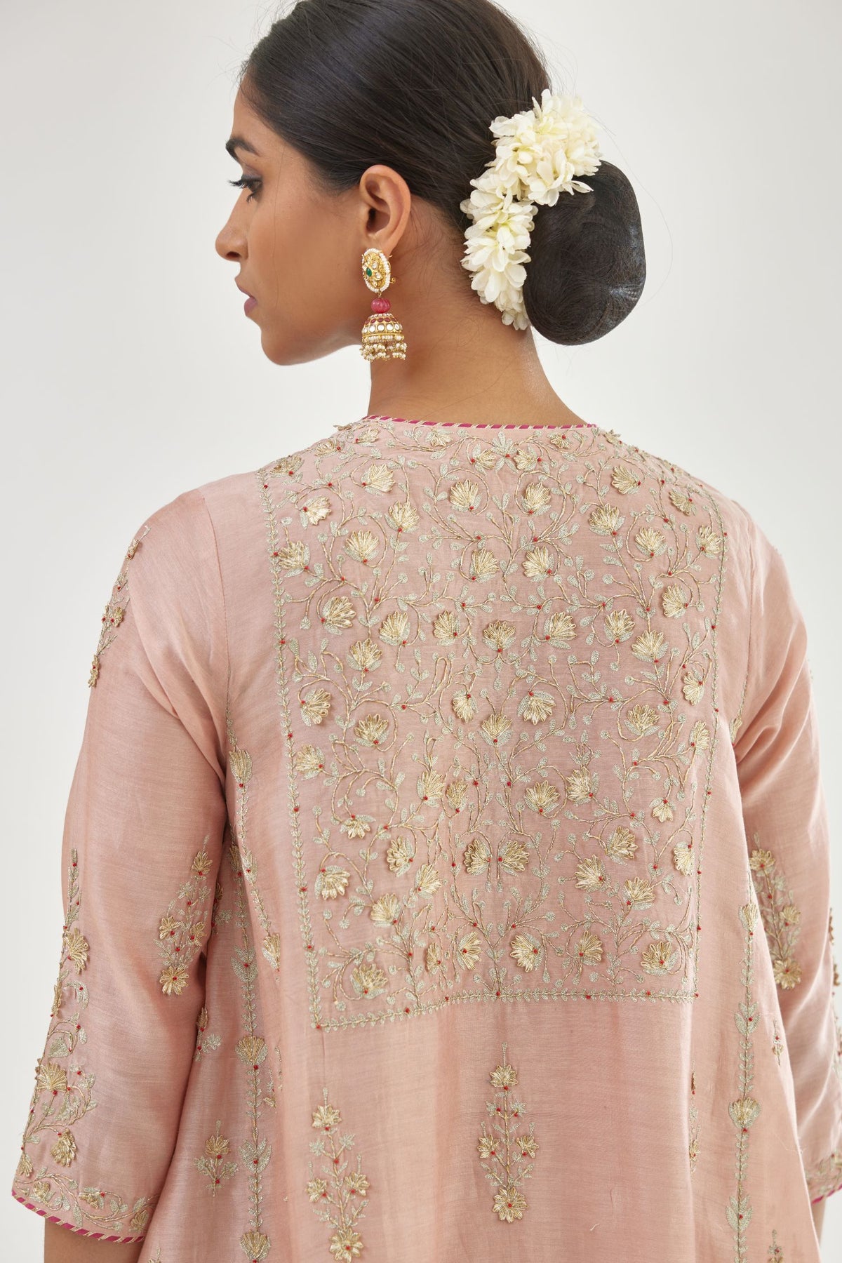 Pink A-line long kurta set with all-over zari, dori, sequins and gota embroidery.