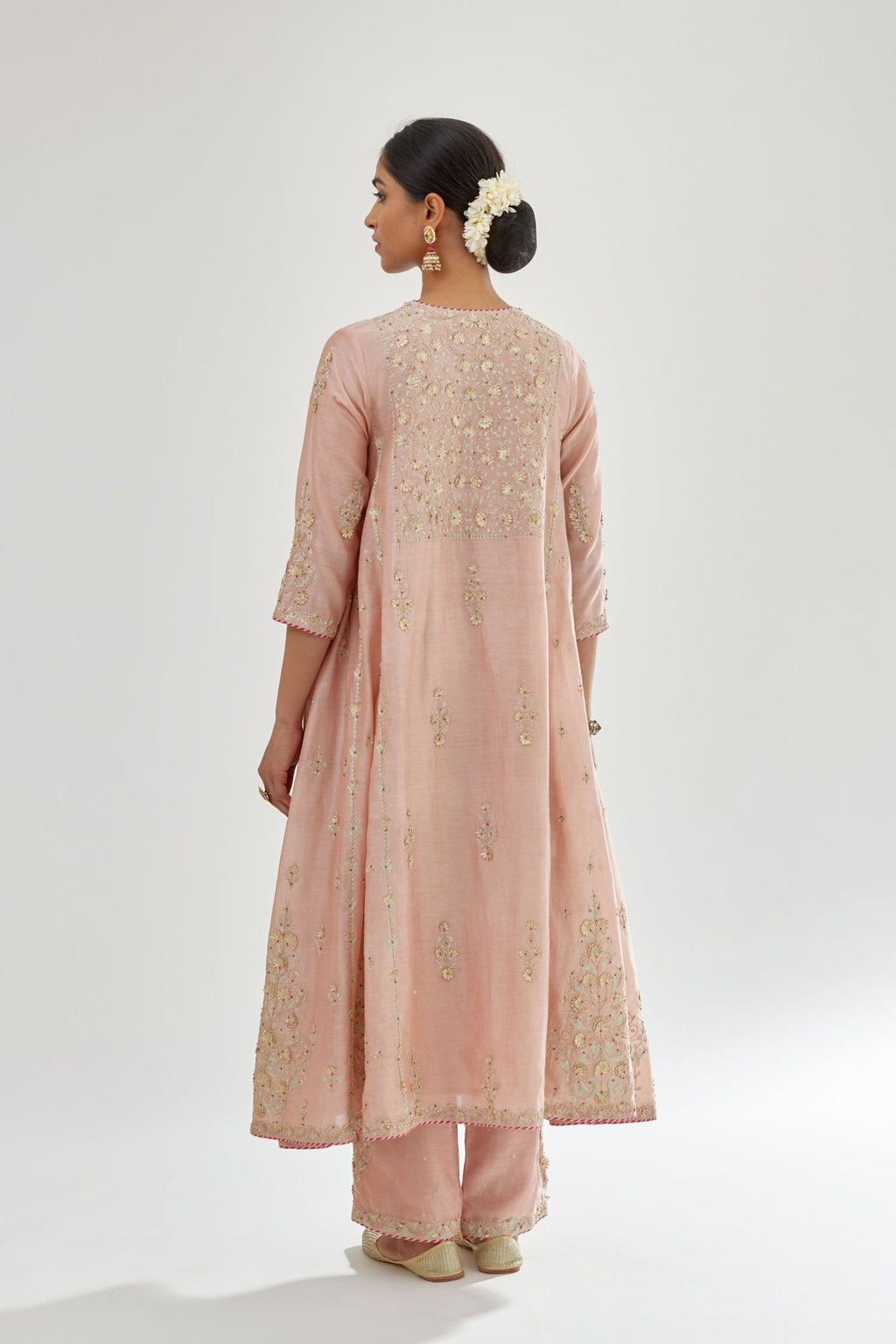 Pink A-line long kurta set with all-over zari, dori, sequins and gota embroidery.