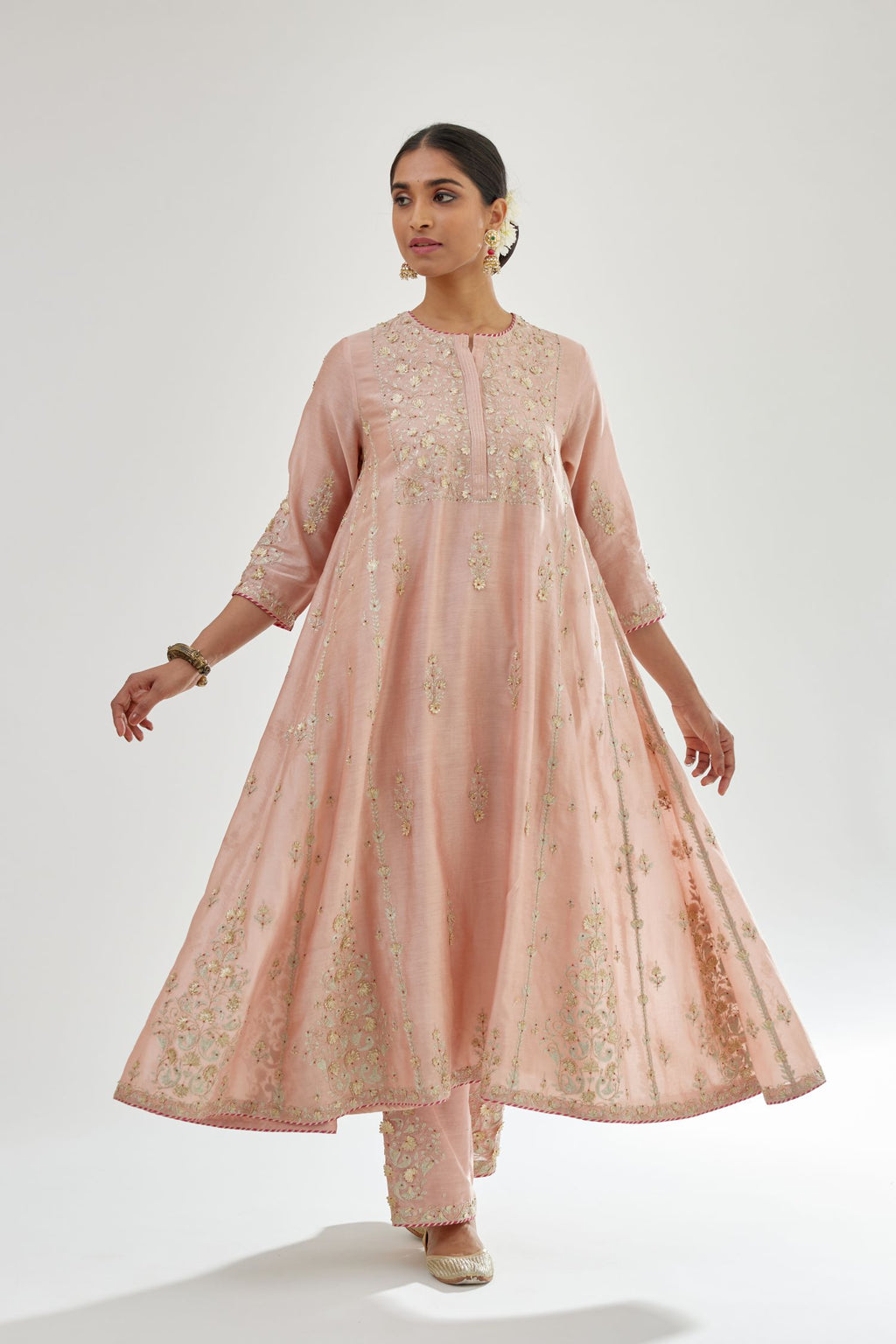 Pink A-line long kurta set with all-over zari, dori, sequins and gota embroidery.