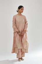 Pink A-line long kurta set with all-over zari, dori, sequins and gota embroidery.