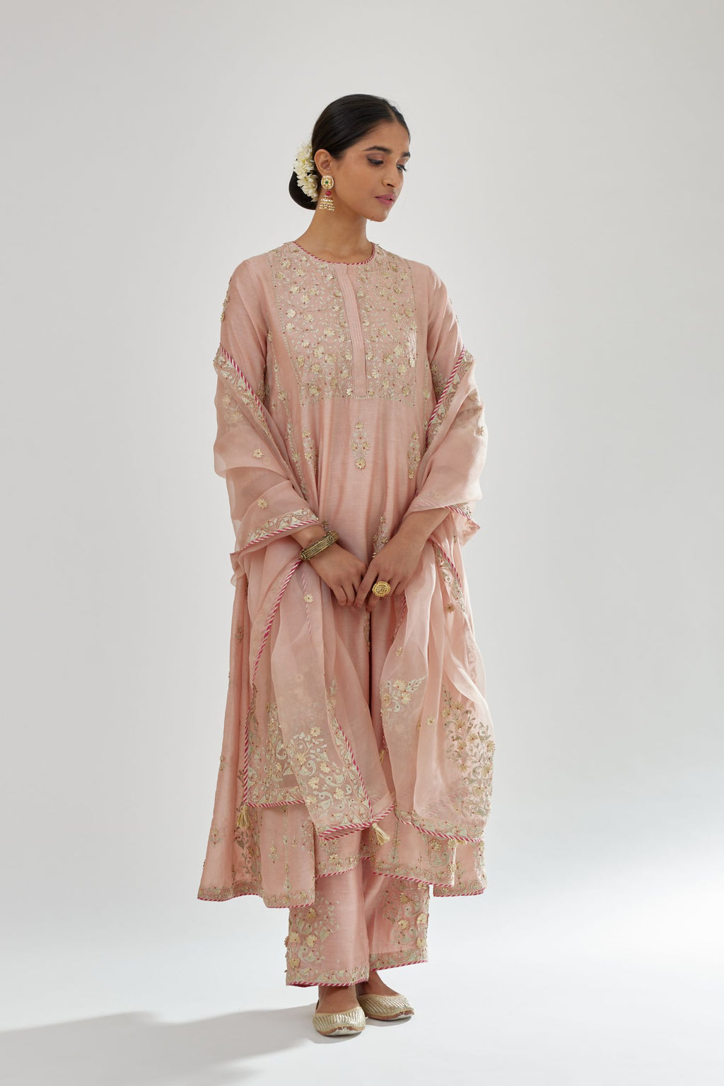 Pink A-line long kurta set with all-over zari, dori, sequins and gota embroidery.