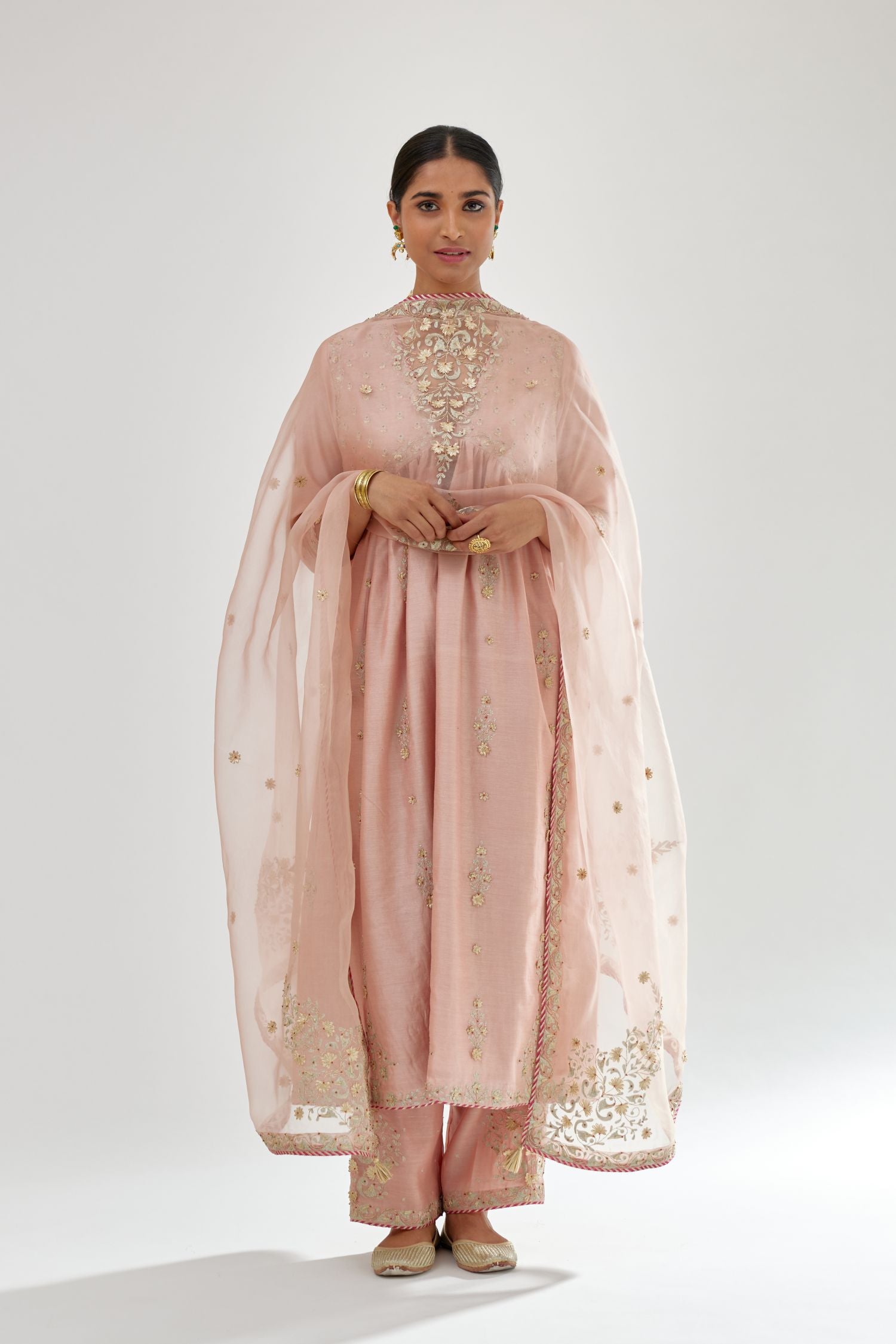 Pink silk organza dupatta with dori and gota embroidery at edges, highlighted with contrast bead work.