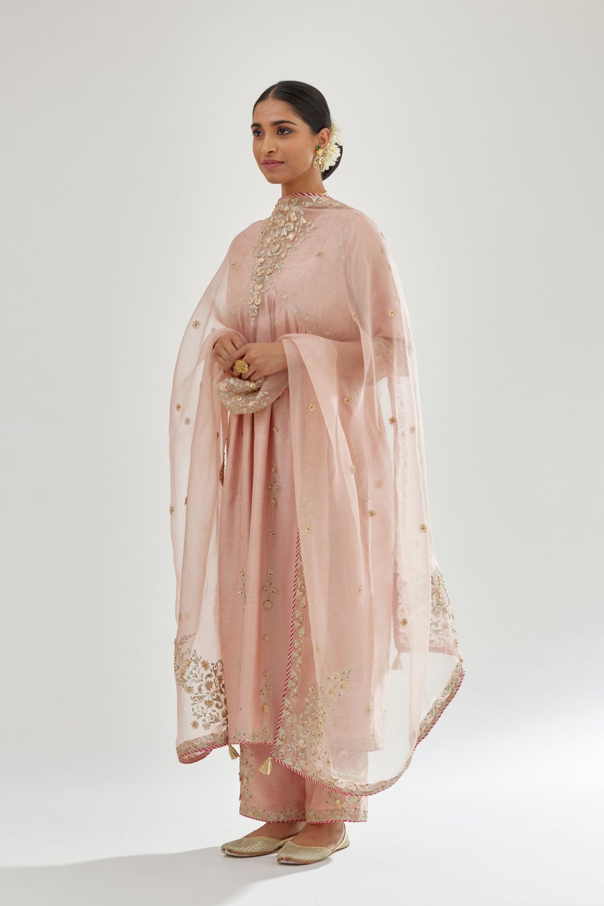 Pink silk organza dupatta with dori and gota embroidery at edges, highlighted with contrast bead work.