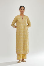 Yellow silk chanderi straight kurta set with all-over dori and gota jaal embroidery, highlighted with contrast bead work.