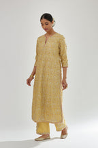 Yellow silk chanderi straight kurta set with all-over dori and gota jaal embroidery, highlighted with contrast bead work.
