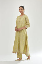 Green silk chanderi straight kurta set with all over heavy dori and gota embroidery work, highlighted with contrast bead work.