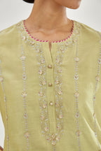 Green silk chanderi straight kurta set with all over heavy dori and gota embroidery work, highlighted with contrast bead work.