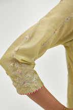 Green silk chanderi straight kurta set with all over heavy dori and gota embroidery work, highlighted with contrast bead work.