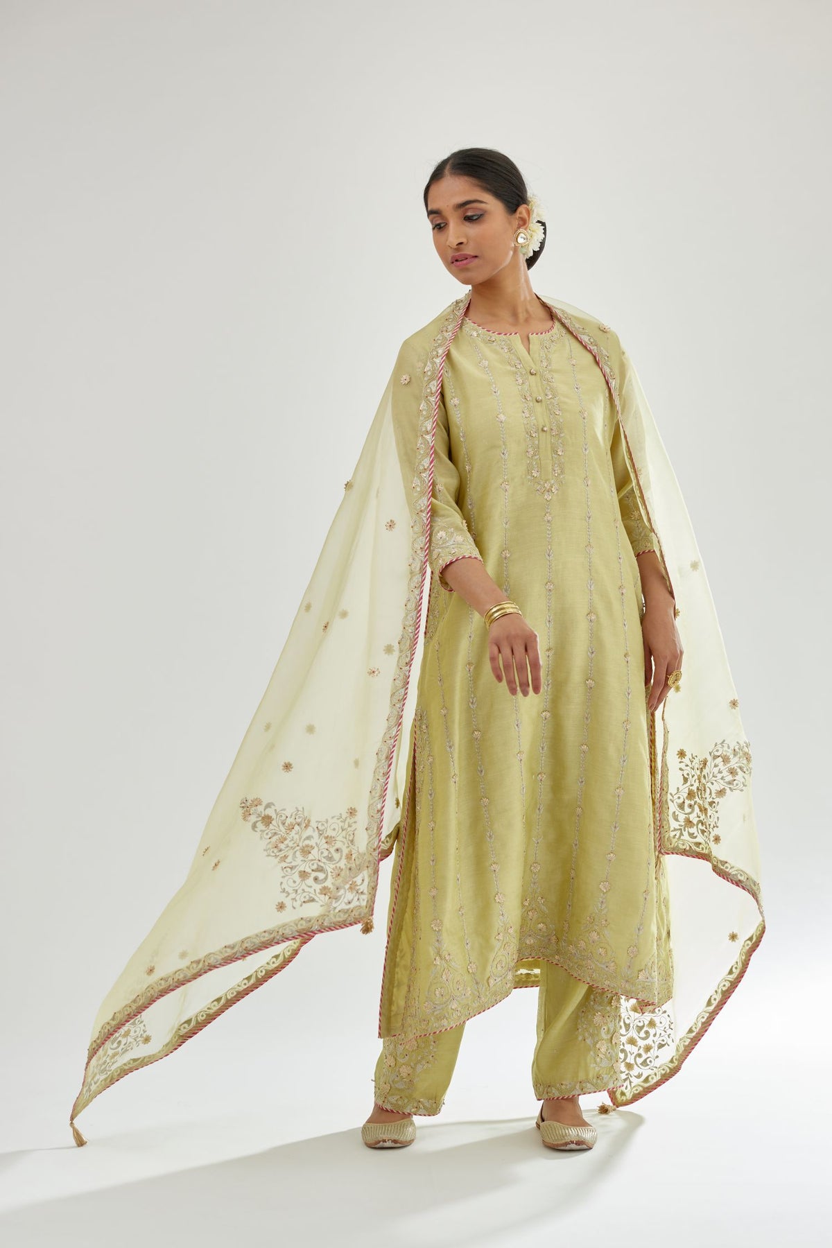 Green silk chanderi straight kurta set with all over heavy dori and gota embroidery work, highlighted with contrast bead work.