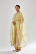 Yellow silk chanderi straight kurta set with zari, dori and gota embroidery, detailed with all-over delicate aari embroidery buties.