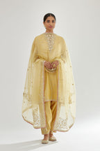 Yellow silk organza dupatta with dori and gota embroidery at edges, highlighted with contrast bead work.