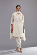 Off white cotton chanderi short kalidar phiran style kurta set with button placket neckline and dori and silk thraed embroidery all over.