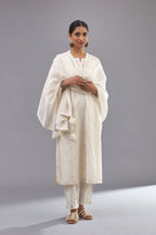 Off-white cotton chanderi kurta set with all-over jaal embroidery and small assorted flowers embroidery at side panells, highlighted with sequins handwork.