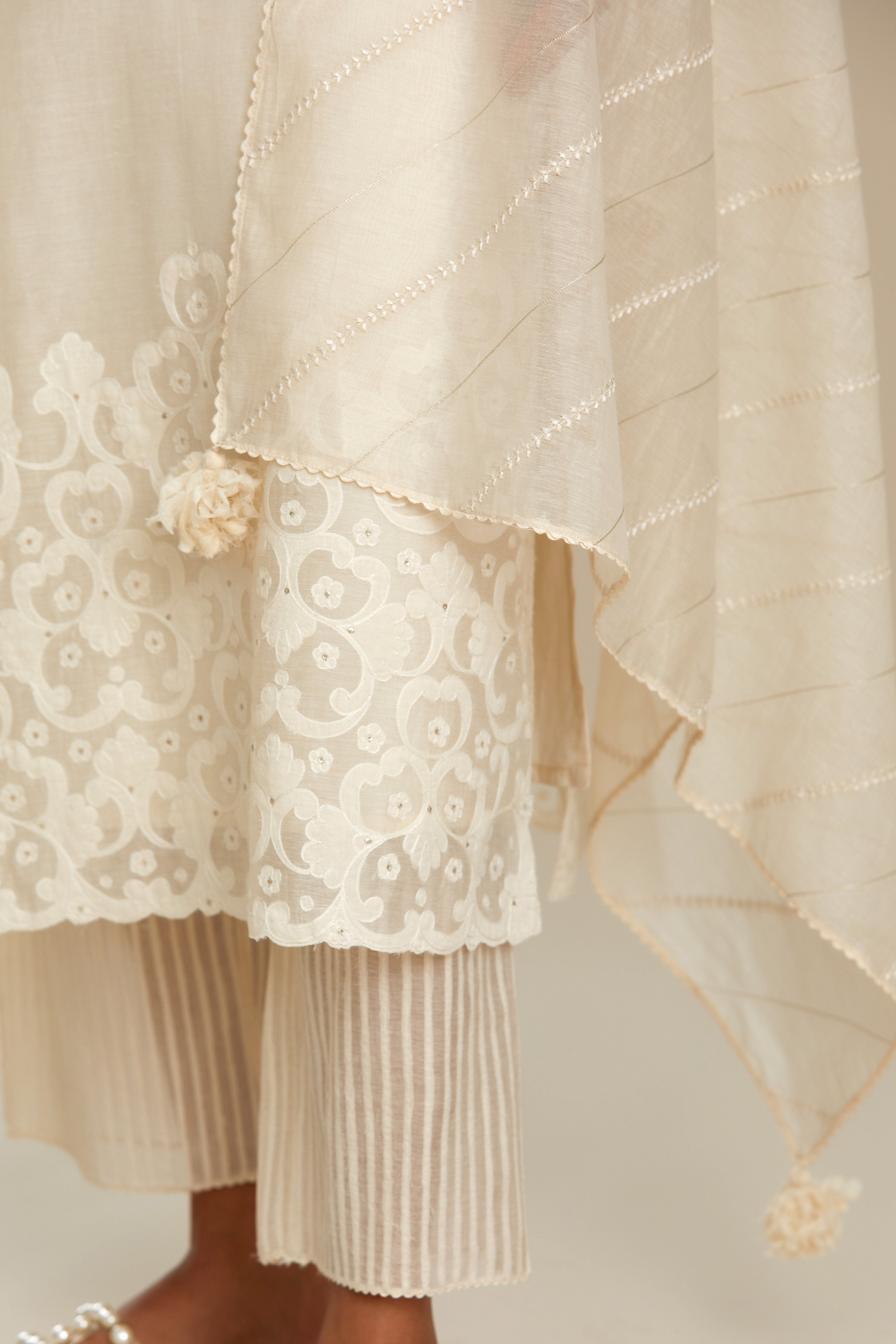 Off white cotton chanderi straight kurta set with cotton appliqué, highlighted with sequins.