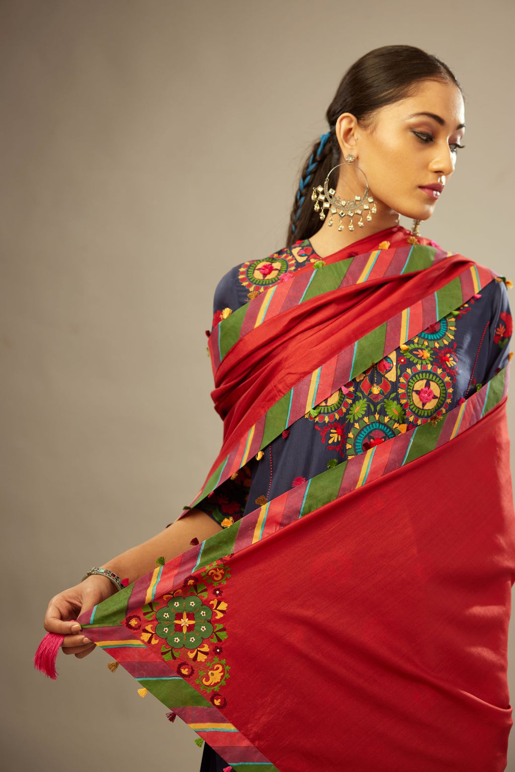 Indigo kalidar straight kurta set, fully embroidered with appliqué flowers, multi-colored aari threadwork and silk tassels.