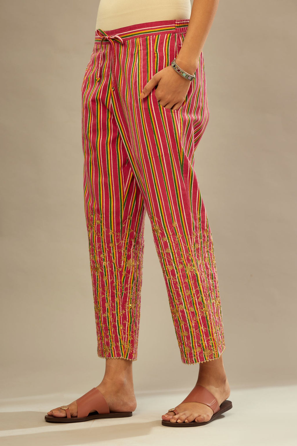 Multi coloured hand block printed cotton straight pants with jaal embroidery at hem till mid calf length