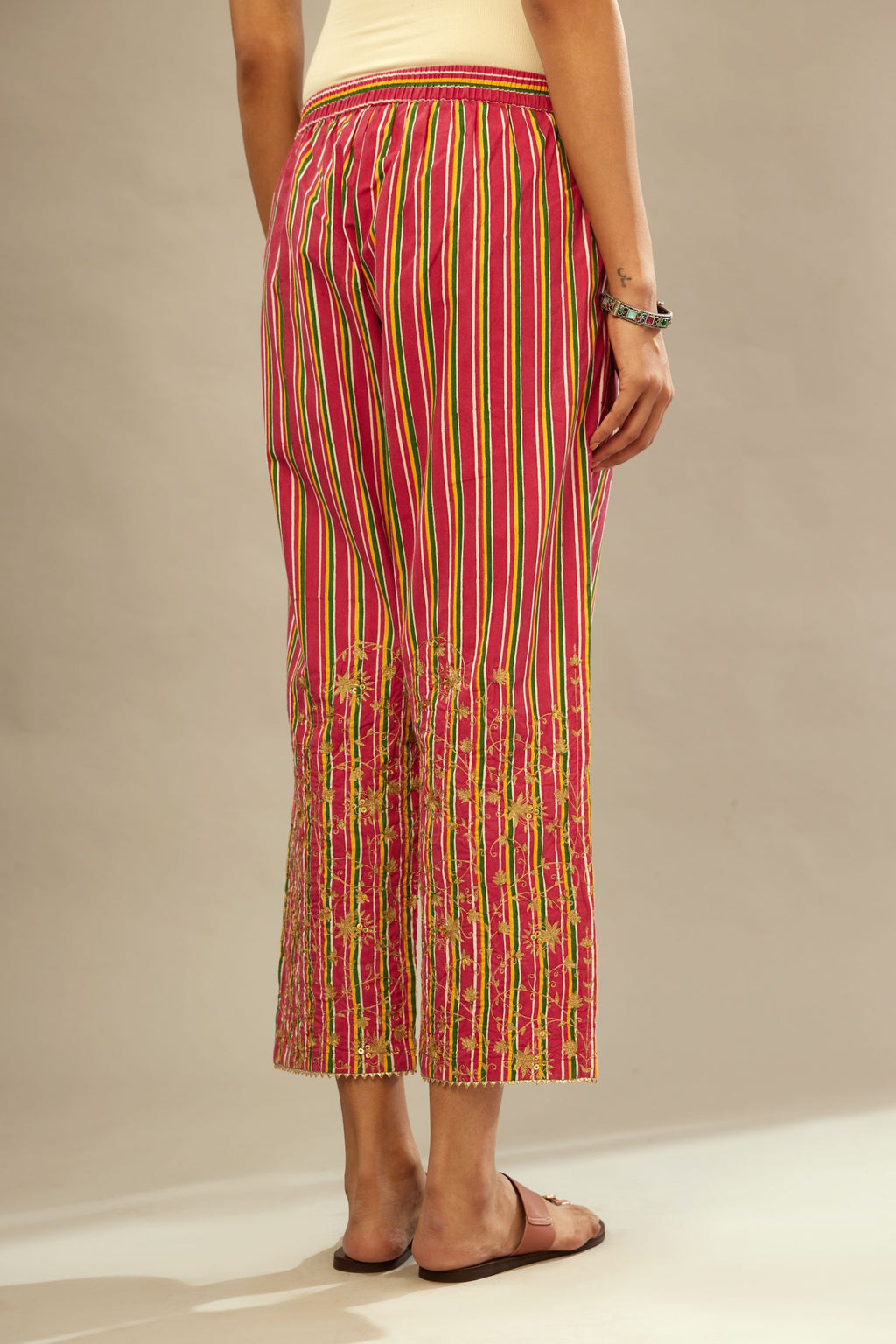 Multi coloured hand block printed cotton straight pants with jaal embroidery at hem till mid calf length
