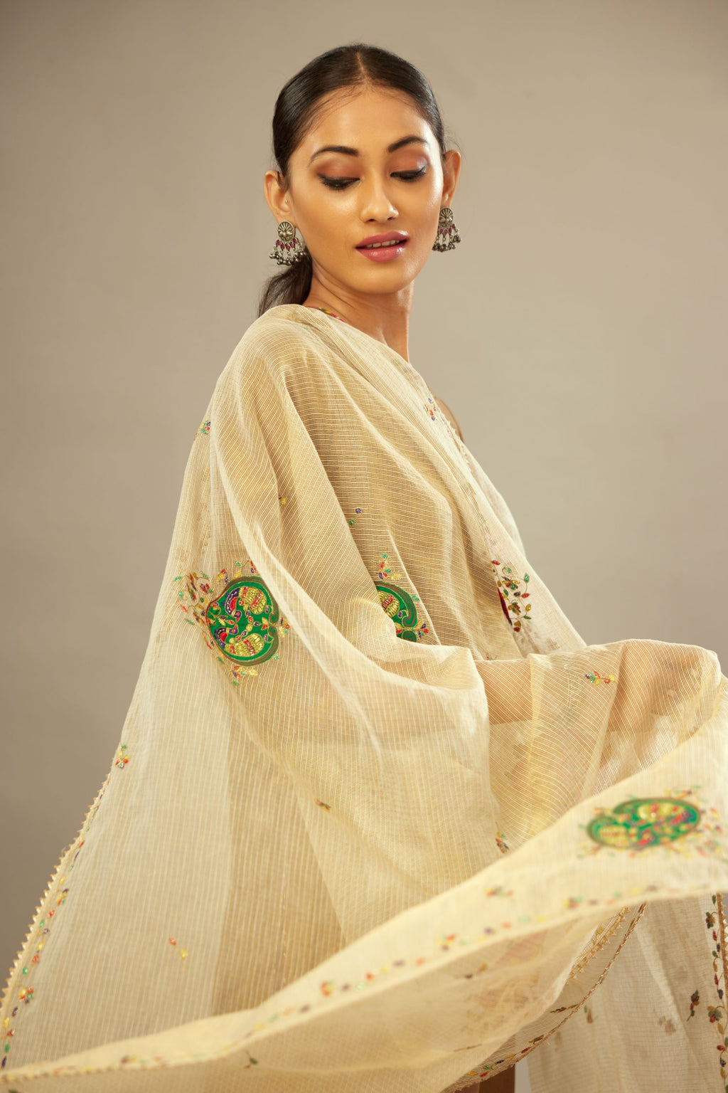 Light golden silk kota doriya dupatta with multicolour thread embroidery boota all over the dupatta