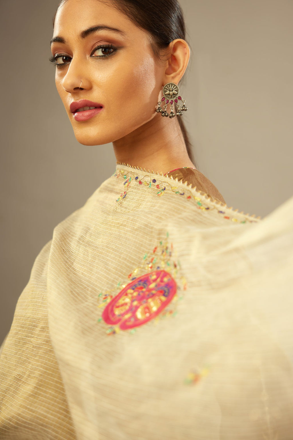 Light golden silk kota doriya dupatta with multicolour thread embroidery boota all over the dupatta