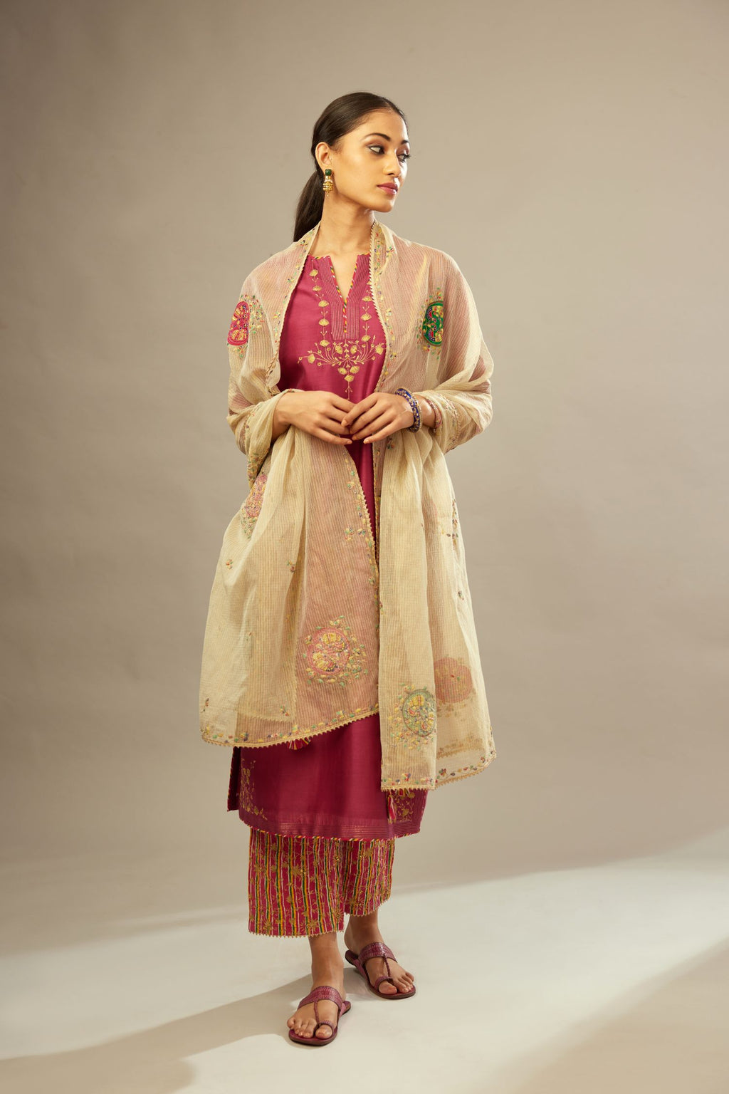 Deep wine silk Chanderi kurta set with zari embroidery, highlighted with goldenr zari quilting