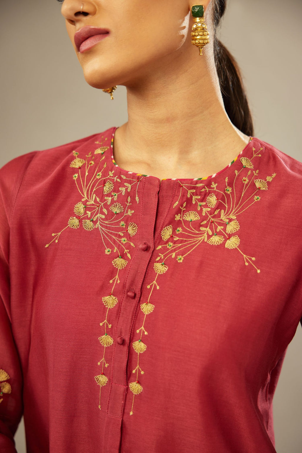 Silk Chanderi kurta set  with golden zari embroidery, hem and sleeves highlighted with zari faggoting