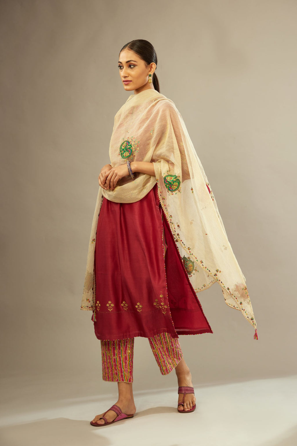 Silk Chanderi kurta set  with golden zari embroidery, hem and sleeves highlighted with zari faggoting
