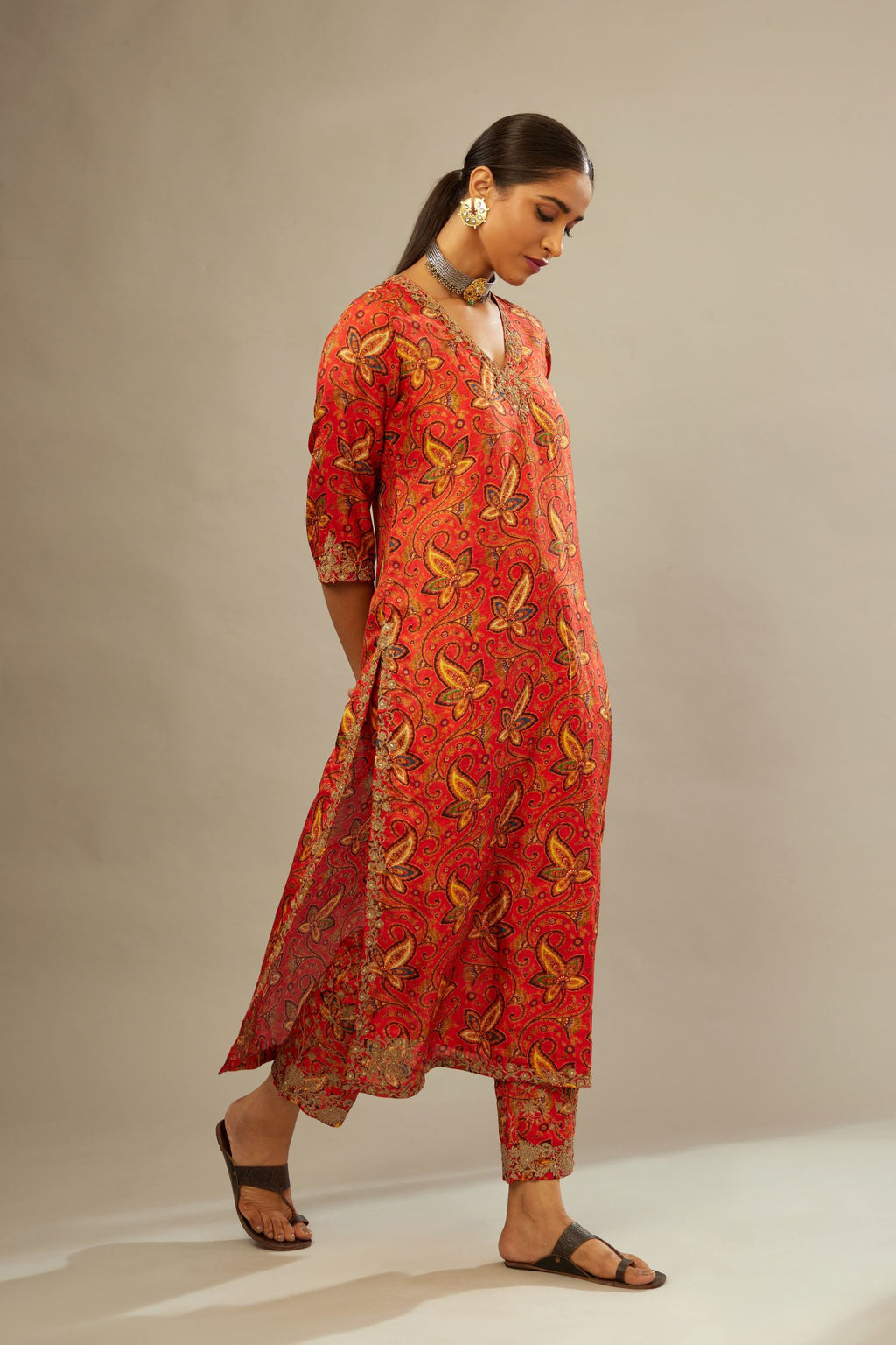 Burnt orange digital printed dori embroidered fine silk straight kurta set, highlighted with gold sequin handwork.