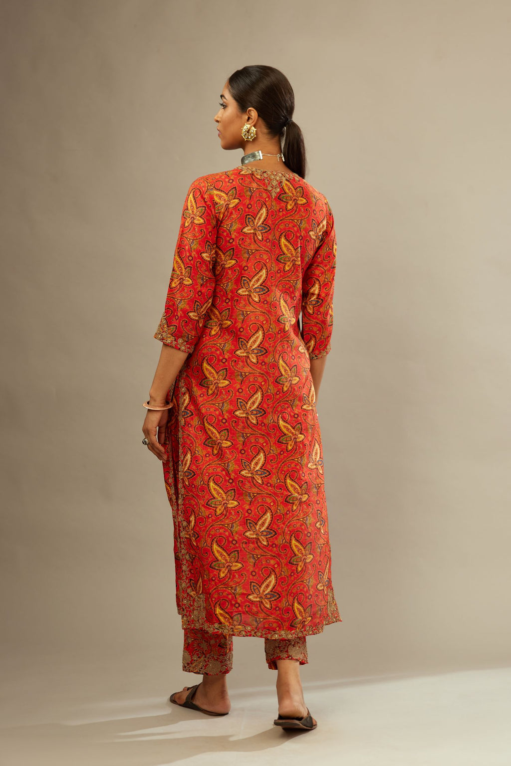 Burnt orange digital printed dori embroidered fine silk straight kurta set, highlighted with gold sequin handwork.