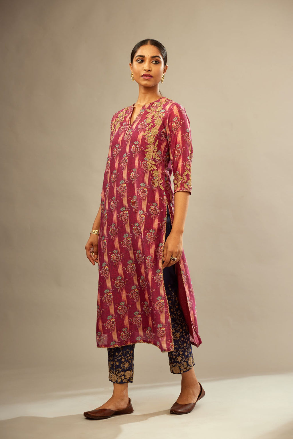 Deep wine digital printed silk straight kurta set, highlighted with gold dori embroidery, highlighted with gold sequin hand work.