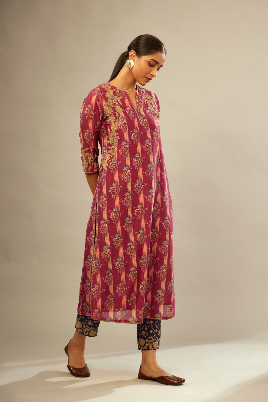 Deep wine digital printed silk straight kurta set, highlighted with gold dori embroidery, highlighted with gold sequin hand work.