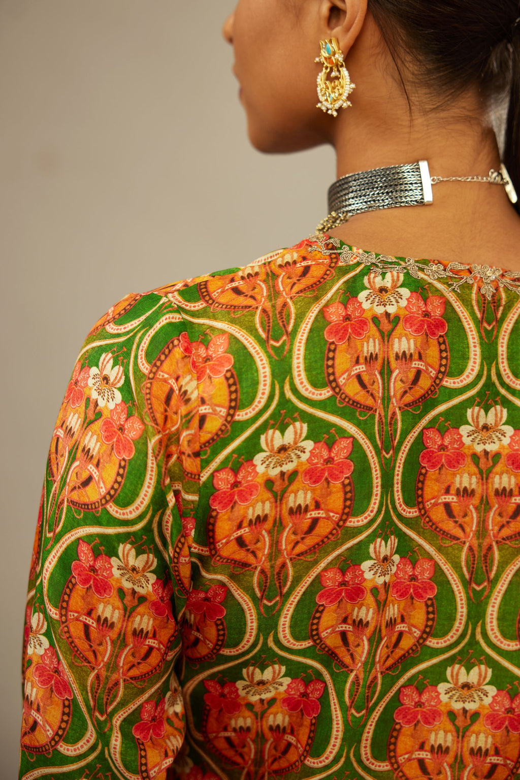 Green digital printed dori embroidered fine silk straight kurta set, highlighted with gold sequin handwork.