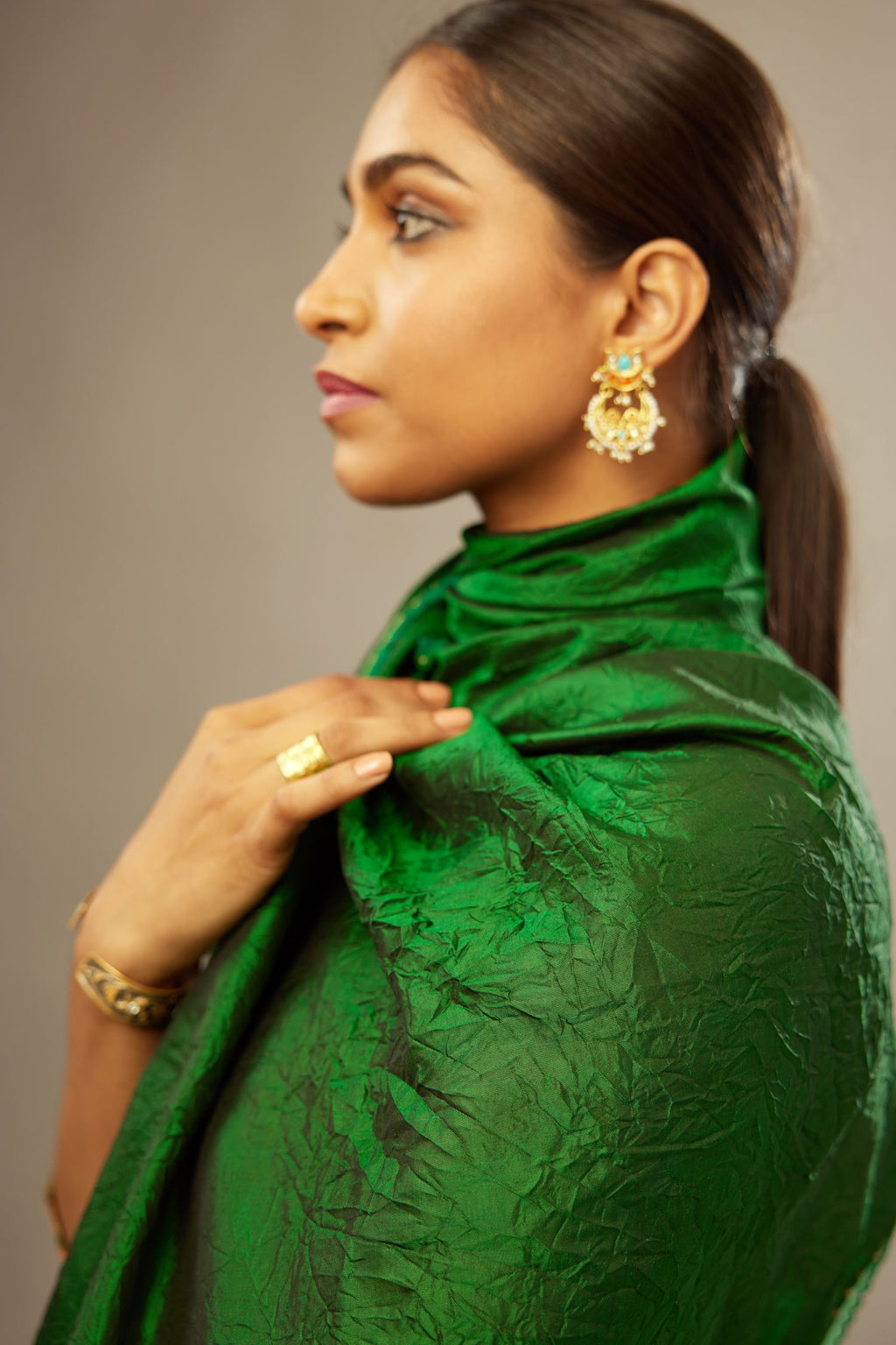 Green digital printed dori embroidered fine silk straight kurta set, highlighted with gold sequin handwork.