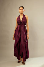 Wine silk long free size dress with asymmetric hem and side pockets, paired with navy blue silk velvet short jacket with light gold dori embroidery all-over the jacket.