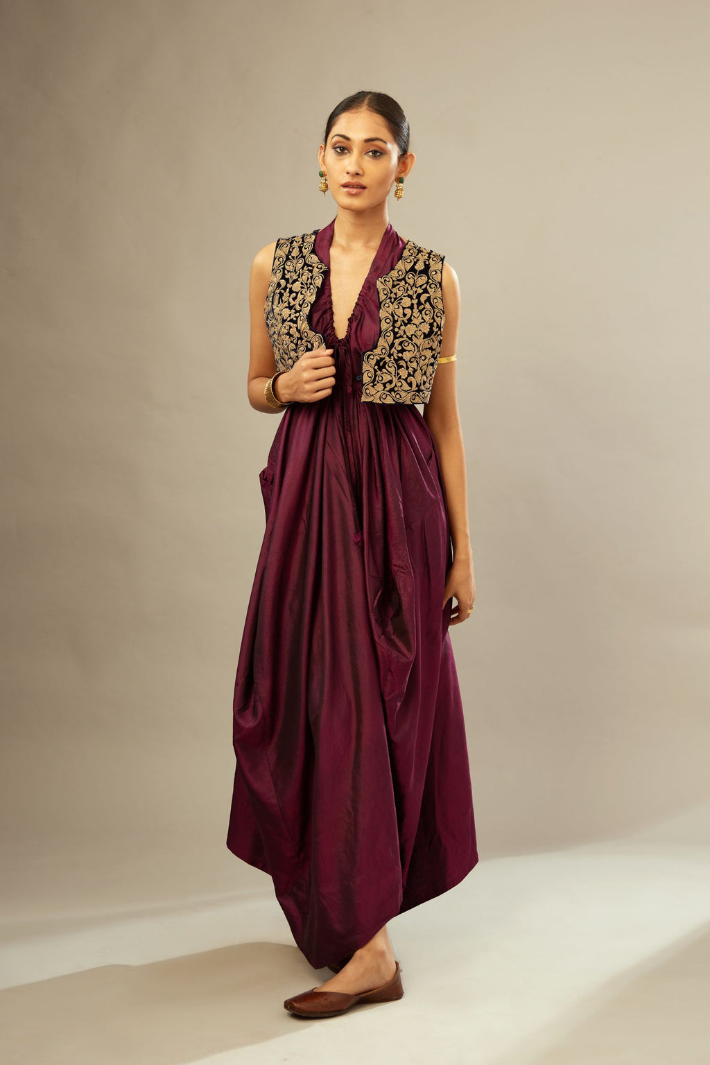 Buy Gold Georgette Hand Embroidered Floral V Draped Gown With Jacket For  Women by Alaya Advani Online at Aza Fashions.