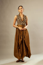Golden olive silk long free size dress with asymmetric hem and side pockets, paired with navy blue silk velvet short jacket with light gold dori embroidery all-over the jacket.