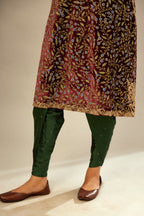Maroon A-line silk velvet fully jaal embroidered kurta set, detailed with golden dori embroidery