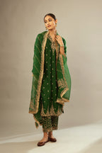 Green silk chanderi straight kurta set with gold dori embroidery, detailed with small aari embroidery buties all-over.