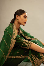Green silk chanderi straight kurta set with gold dori embroidery, detailed with small aari embroidery buties all-over.