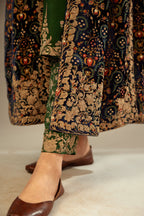 Navy blue silk velvet ankle length front open jacket with fully silk thread jaal embroidery and detailed with light gold dori embroidery.