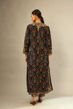 Navy blue silk velvet ankle length front open jacket with fully silk thread jaal embroidery and detailed with light gold dori embroidery.