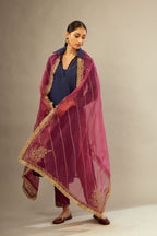Fuchsia silk organza dupatta with dori embroidery border at the edges and diagonal zari embroidered lines all-over the dupatta.