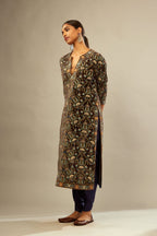 Grey silk velvet straight kurta set with multi colored silk thread jaal embroidery all over it, detailed with single line of zardosi work.