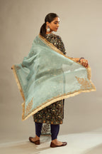 Light blue silk organza dupatta with light gold dori embroidered border and bootas at all four corners.