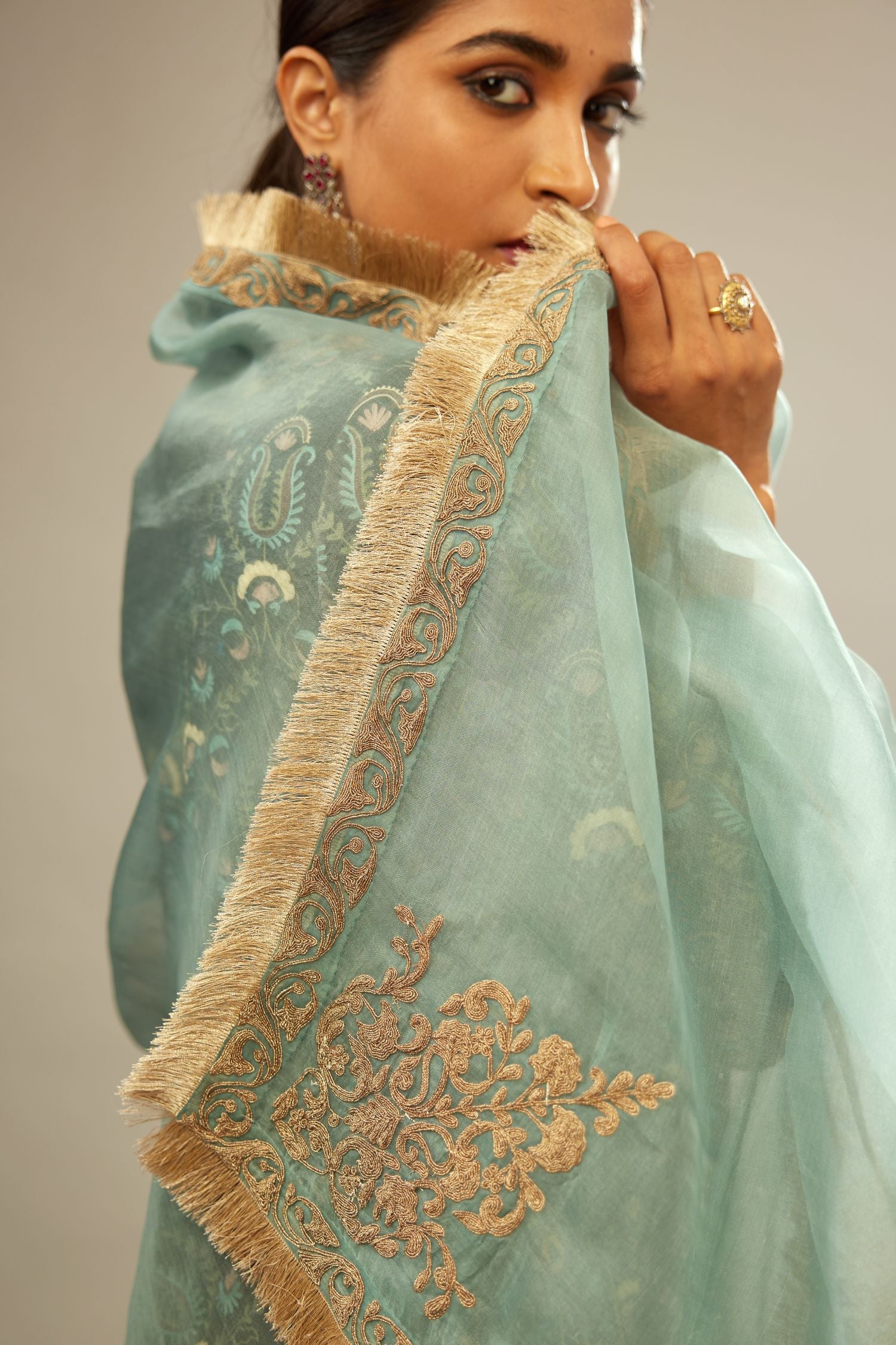 Grey silk velvet straight kurta set with multi colored silk thread jaal embroidery all over it, detailed with single line of zardosi work.