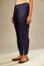 Navy blue silk dhoti with all over small flower embroidery.
