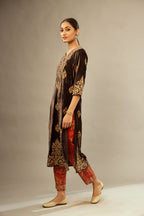 Grey silk velvet lined kurta set with light gold dori embroidery and contrast colored boota all-over the kurta.
