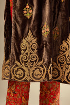 Grey silk velvet lined kurta set with light gold dori embroidery and contrast colored boota all-over the kurta.