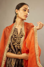 Grey silk velvet lined kurta set with light gold dori embroidery and contrast colored boota all-over the kurta.