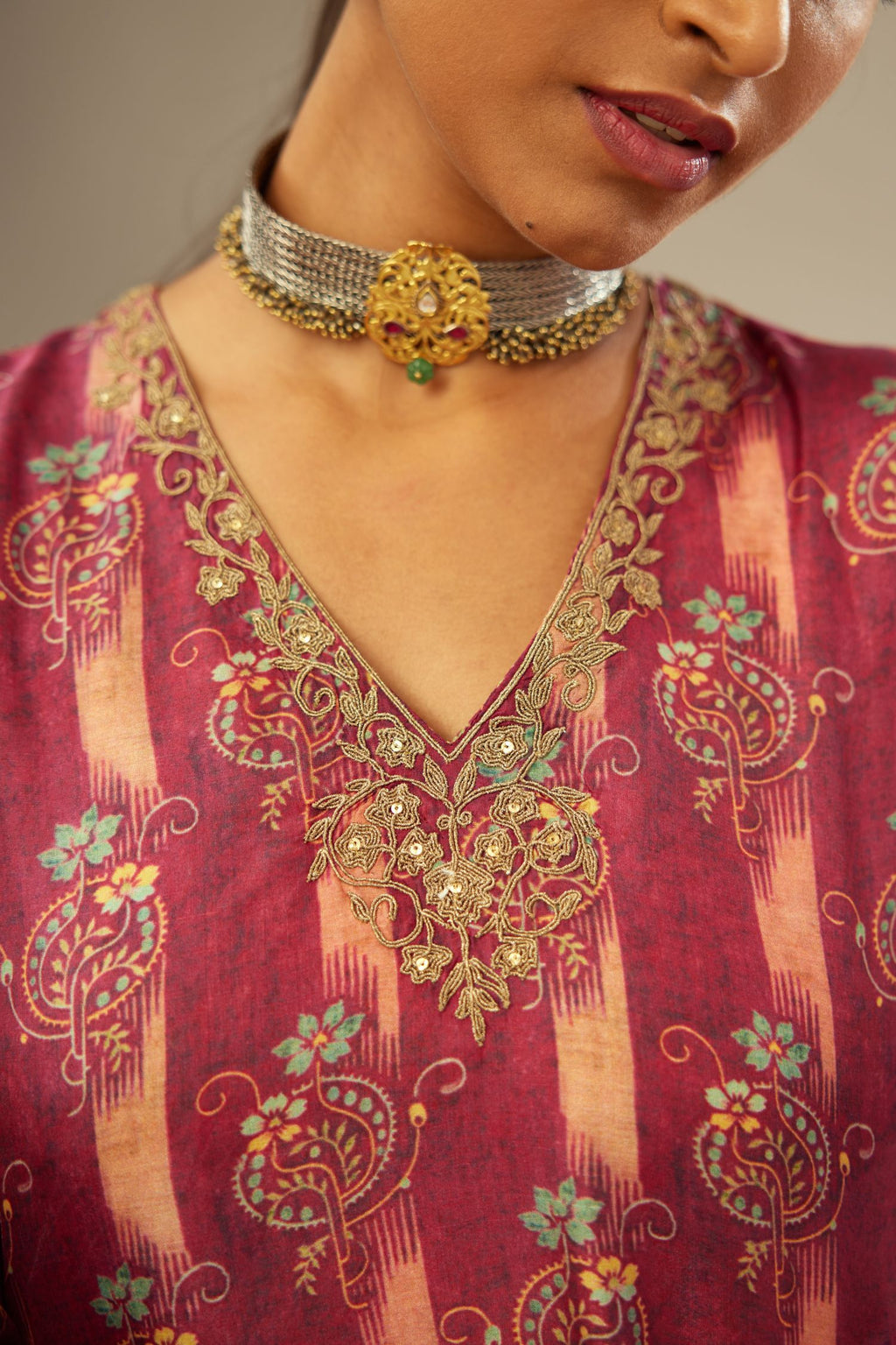 Deep wine digital printed dori embroidered fine silk straight kurta set, highlighted with gold sequin handwork.