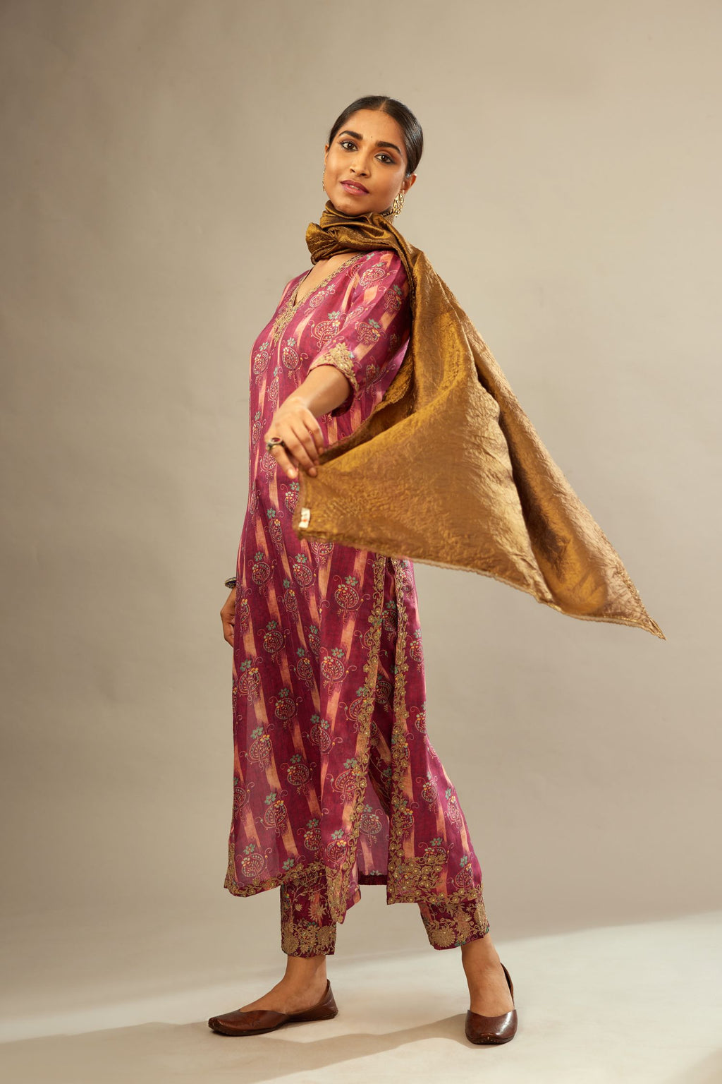 Deep wine digital printed dori embroidered fine silk straight kurta set, highlighted with gold sequin handwork.